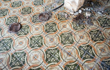 tiled floor in abandoned hotel in former Tourist Complex of Kupari village, Croatia