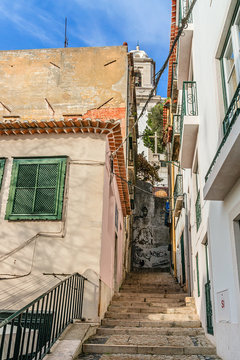 View of streets & architecture. Alfama quarter, Lisbon, Portugal