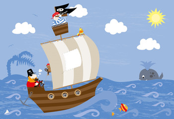 statek piracki, papuga i piraci na pokładzie, wieloryb, wyspa, fale w tle - obrazy, fototapety, plakaty