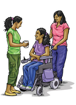 Teenage girl in wheelchair with family