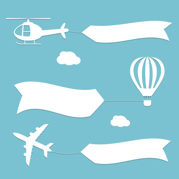 Plane, air balloon and helicopter flying with advertising banners. 