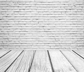 Old room interior, brick wall and woden floor background