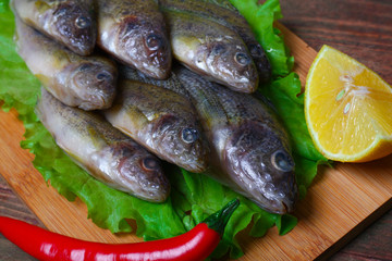 raw redfish ruff fish on the kitchen table with vegetables and lemon