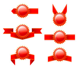 A set of labels with red ribbons