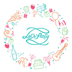 Party Letter And Icons On Round Frame, Calligraphy, Letter, Party, Banquet, Feast, Celebration