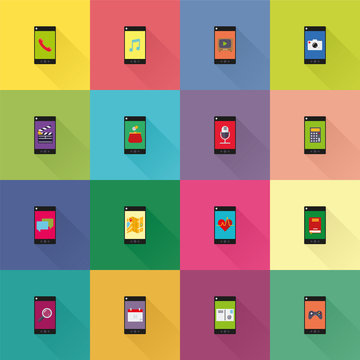 Mobile applications on smartphones. collection of mobile applications on smartphones flat design icons