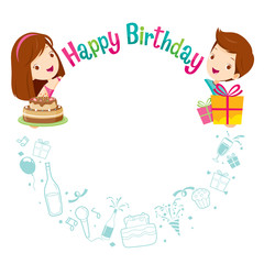 Boy, Girl And Icons With Birthday Circle Frame, Birthday Party, Banquet, Feast, Celebration, Gift