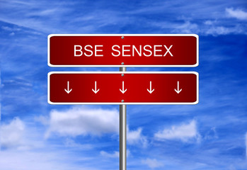 BSE Sensex India index crash arrow going down stock exchange falling bear market concept.