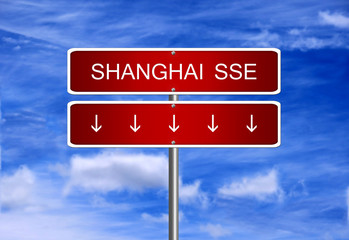 Shanghai SSE China index crash arrow going down stock exchange falling bear market concept.