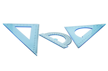 Set of multiple blue plastic rulers and the protractor