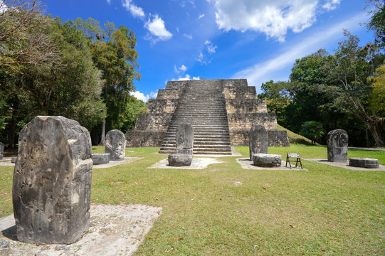 One of the twin pyramids of the Complex Q and numerous stelae in Tikal National Park and archaeological site, Guatemala