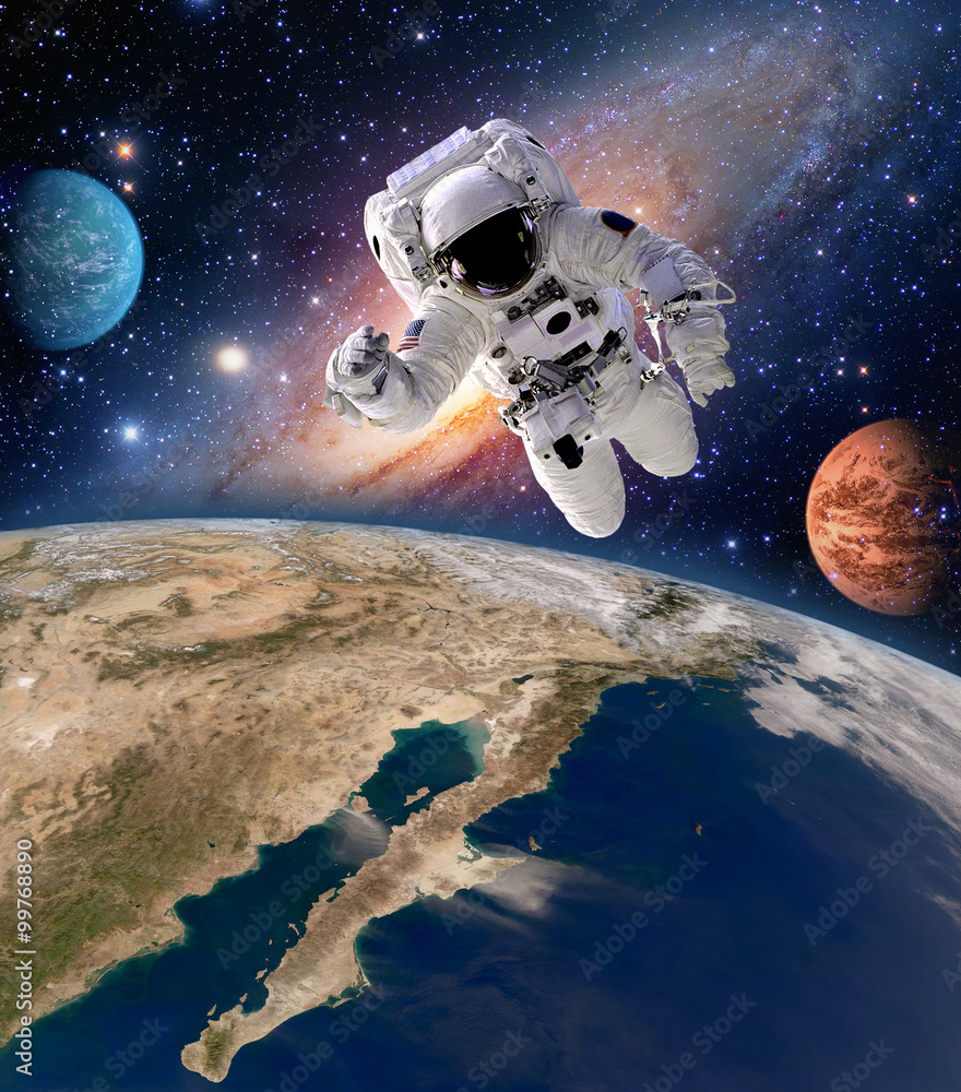 Wall mural astronaut spaceman solar system planet spacewalk earth outer space walk galaxy. elements of this ima