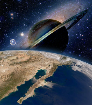 Astrology astronomy earth space solar system creation saturn planet moon. Elements of this image furnished by NASA.