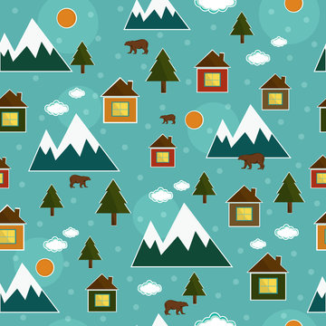 Beautiful winter seamless background with a picture houses, mountains, rocks, bears, snow, clouds, sun, trees, trees, vector.