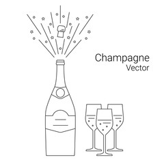 Vector bottle of champagne explosion and glasses, thin line style. 