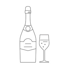 Vector bottle and glass of champagne thin line style, isolated on white background.