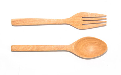 Wooden fork spoon, isolated on white