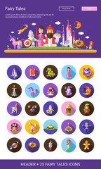 Fairy tales flat design cartoon characters icons set with header