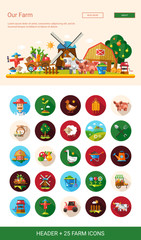 Flat design farm, agriculture icons and elements with header