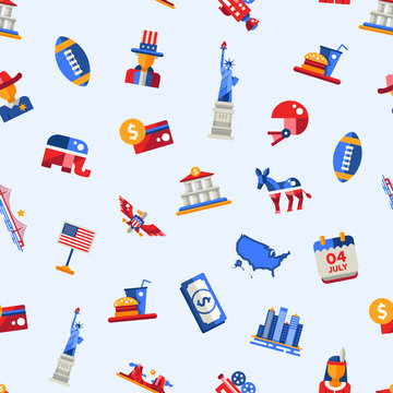 Flat design USA travel postcard with landmarks, famous American symbols