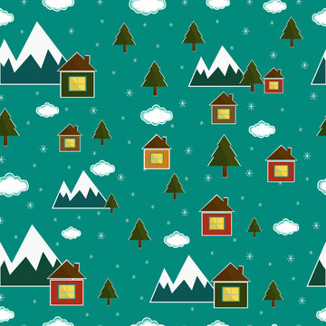 Beautiful winter seamless background with a picture houses, mountains, rocks,  snow, clouds, sun,Christmas tree vector.