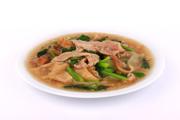 The Best Thai Dishes, Wide Rice Noodles Pork in Thick Gravy, Thai Noodles Topped with Pork: Chinese and Thai Style food called 