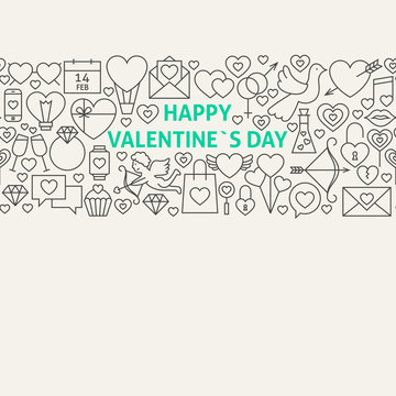 Happy Valentine's Day Line Art Icons Seamless Web Banner