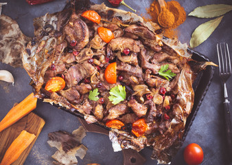 Roasted sliced pork top view