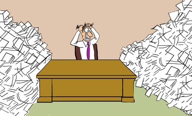 Businessman is Overwhelmed by the Huge Piles of Papers