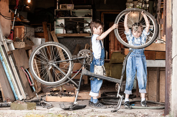 Children mechanics, bicycle repair