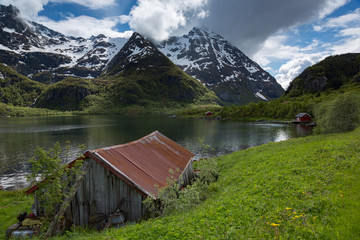 Lofoten Islands, Norway, fishing village and mountains