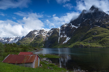 Lofoten Islands, Norway, fishing village and mountains