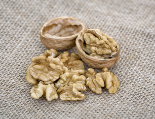 Cracked walnut on burlap backgroud. 