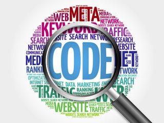 Code word cloud with magnifying glass, business concept