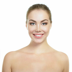 Beauty portrait of young attractive happy smiling woman, studio