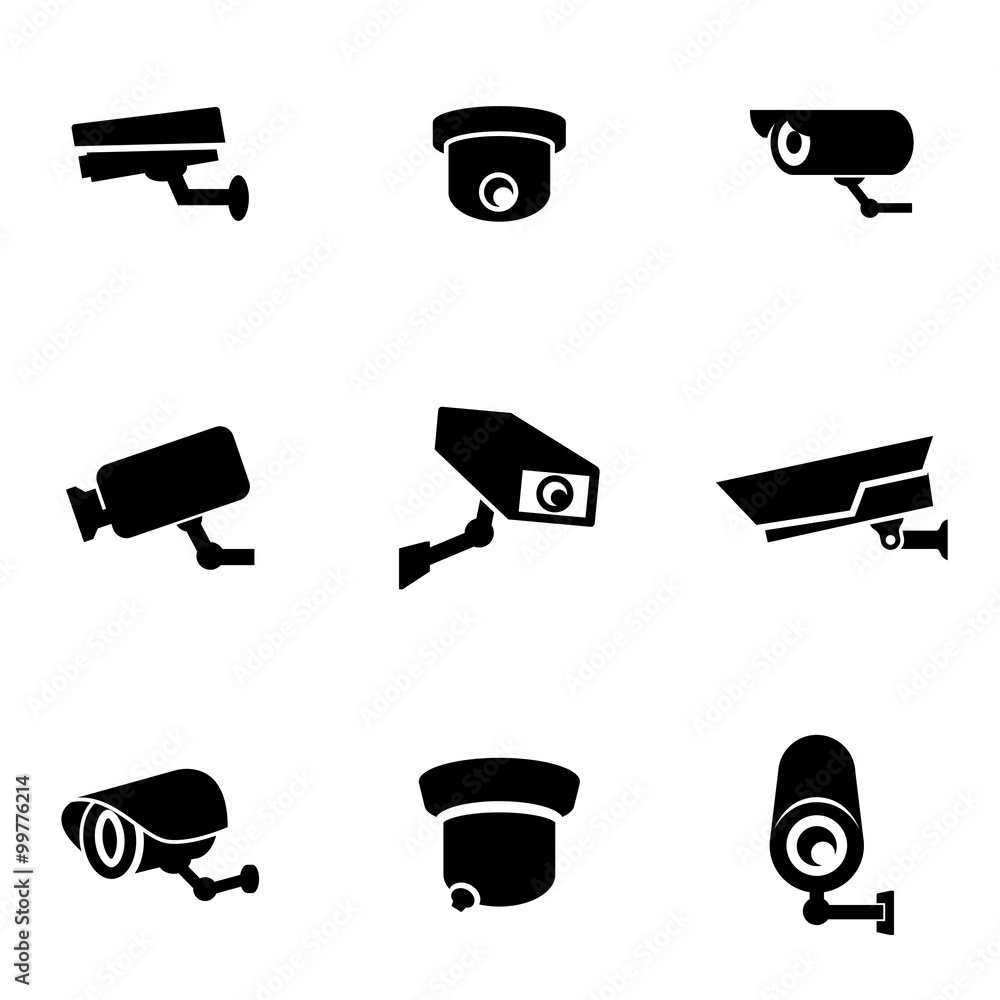 Wall mural vector black security camera icon set. security camera icon object, security camera icon picture, se