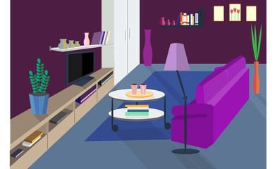 
Living room. Comfortable hall. Vector home interior in flat style. Sofa and lamp, TV shelf and coffee table, picture and vase