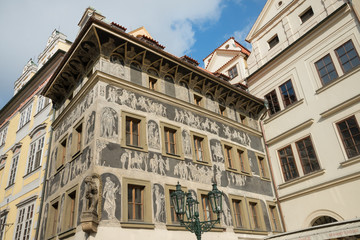 House with graffiti art in Old Town Square - Prague