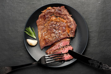 Medium rare grilled Steak Ribeye. Top view