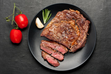 Medium rare grilled Steak Ribeye. Top view