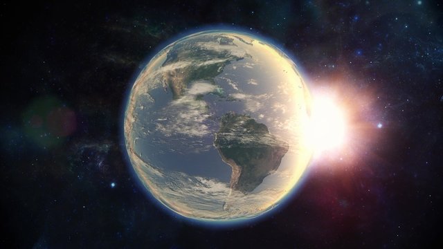 Sich drehender Planet Erde im Weltraum mit Mond, Atmosphäre und Sonnenlicht 