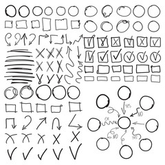 Circle set, scribbles,  highlight frames elements, check marks, underlines, curves, zigzags arrows, square and rectangles borders. Diagram or flowchart, mind mapping. Imitation of hand drawing.