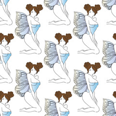 Hand-drawn illustrations. Beautiful girl with butterfly wings. Cute virgin girls. Seamless pattern.