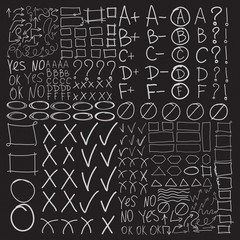 Set of school marks, circle, scribbles,  highlight frames elements, check, underlines, curves, zigzags arrows symbols, square and rectangles borders. Collage grades, triangles, yes, no, ok signs. 