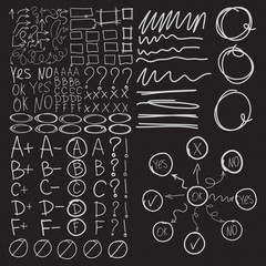 School and collage grades with circles and highlight elements on chalk board, check marks, imitation of hand drawn elements, correction, cross, tick, symbols. Examinations marks.