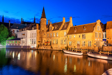 Dock of the Rosary (Rozenhoedkaai) at twilight, a scene from a medieval fairytale in Bruges, Belgium