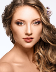 Fototapeta premium Portrait of Beautiful Woman Wedding Model on White Background