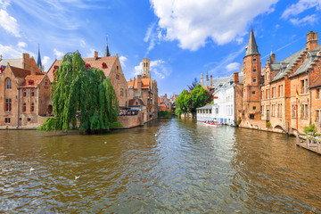 Dock of the Rosary (Rozenhoedkaai) and Belfry. A scene from a medieval fairytale in Bruges, Belgium