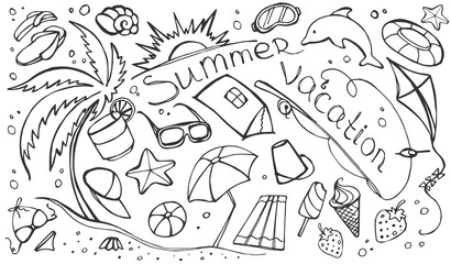 Fototapeta na wymiar Doodle vector set of summer vacation