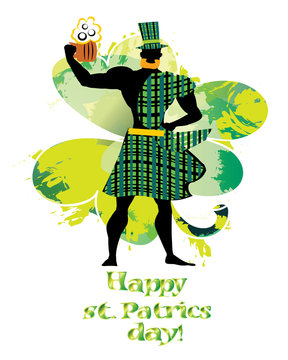 Saint Patrick's Day vector illustration - man with beer mug dressed as  leprechaun - green hat, red beard, kilt, no face. Scotsman modern flat design. Grunge paint clover as background. Greeting text.